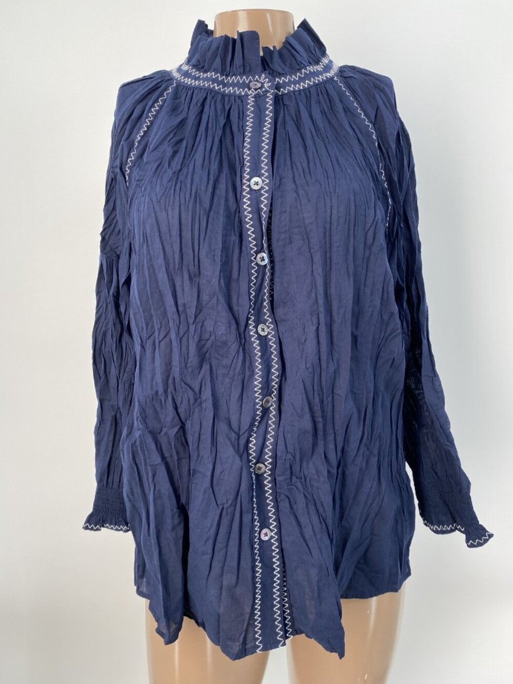 Nic + Zoe Women Blouse Shirt Navy Blue Size L Embroidered Stitch Ruffle Buttoned